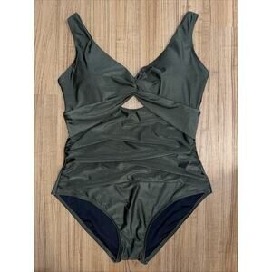 DKNY Women's XXL Twist Front Keyhole One Piece Swimsuit Green Shimmer